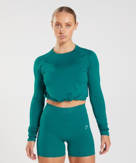 Women's Gymshark Sweat Seamless Long Sleeve Cropped Tops Turquoise | NZ 1UDJVZ